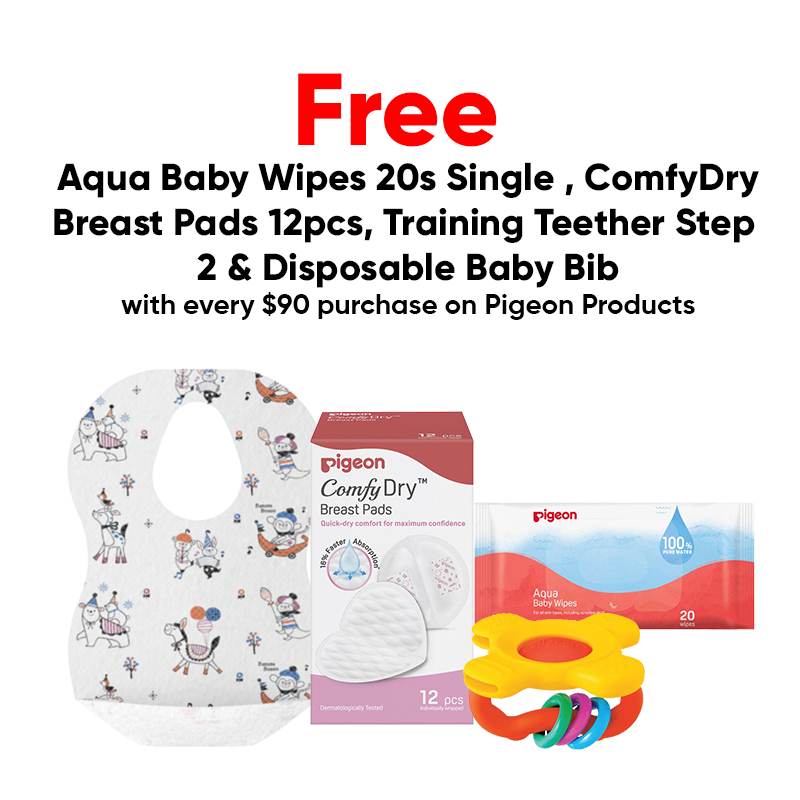 [Pigeon GWP] FREE Aqua Baby Wipes 20s Single, ComfyDry Breast Pads 12pcs, Training Teether Step 2 & Disposable Baby Bib with every $90 purchase on Pigeon Products